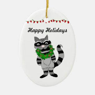 Cartoon Racoon Decked for the Holidays Ceramic Tree Decoration
