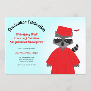 Cartoon Racoon Red Black Blue Kid Graduation Invitation