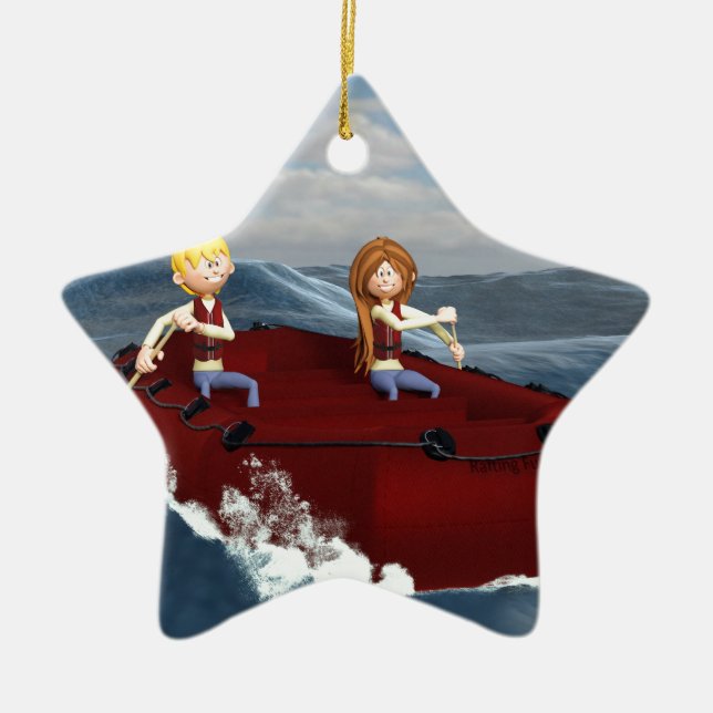 Cartoon Rafting Couple Ceramic Ornament (Front)