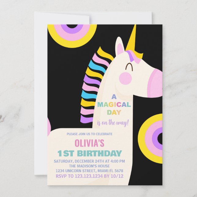 Cartoon Rainbow Unicorn Birthday Invitations (Front)