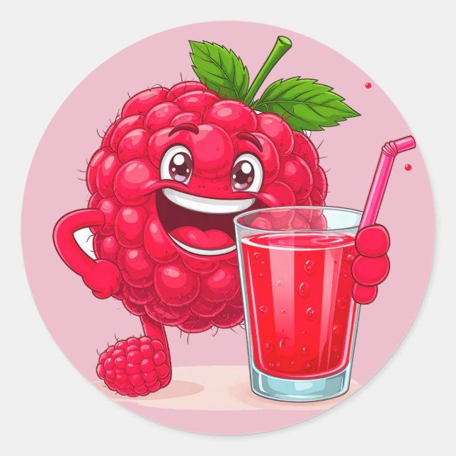 Cartoon Raspberry Character With a Smoothie Classic Round Sticker (Front)