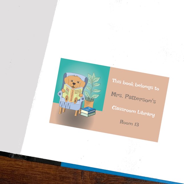 Cartoon Reading Dog Classroom Library Sticker (Cute personalized classroom library sticker with teacher's name and room number .)