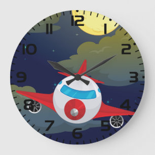 Cartoon Red Aeroplane Flying In Night Sky Large Clock