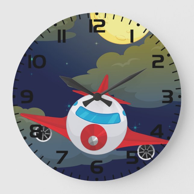 Cartoon Red Aeroplane Flying In Night Sky Large Clock (Front)