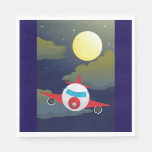 Cartoon Red Airplane Flying In Night Sky Napkin