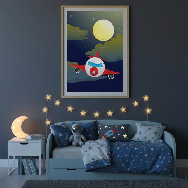 Cartoon Red Airplane Flying In Night Sky Poster (Creator Uploaded)