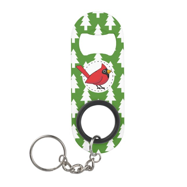 Cartoon Red Cardinal on Green White Pines Pattern (Front)