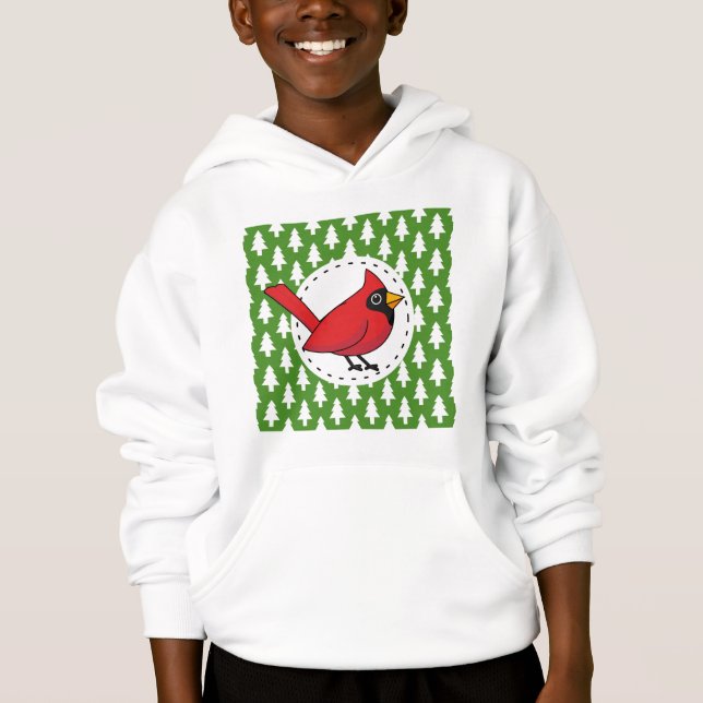 Cartoon Red Cardinal on Green White Pines Pattern (Front)