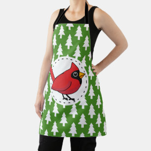 Cartoon Red Cardinal on Green White Pines Pattern Apron