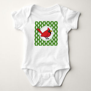 Cartoon Red Cardinal on Green White Pines Pattern Baby Bodysuit
