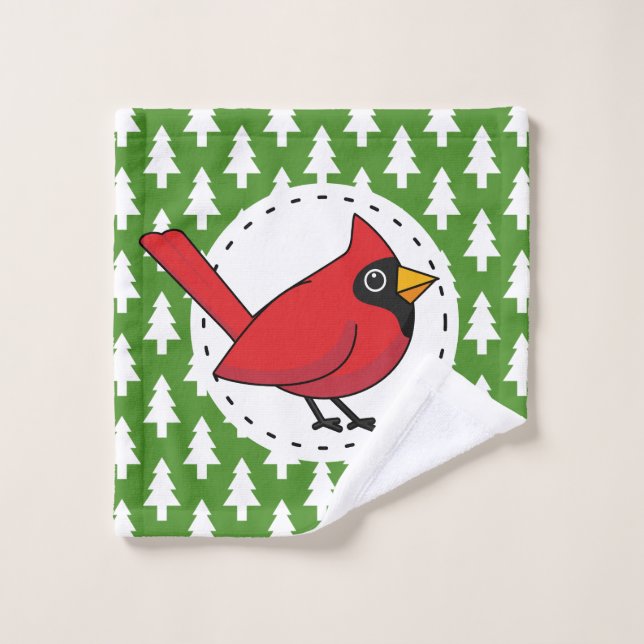 Cartoon Red Cardinal on Green White Pines Pattern Bath Towel Set (Wash Cloth)