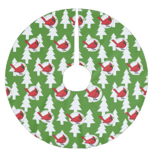 Cartoon Red Cardinal on Green White Pines Pattern Brushed Polyester Tree Skirt