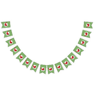 Cartoon Red Cardinal on Green White Pines Pattern Bunting