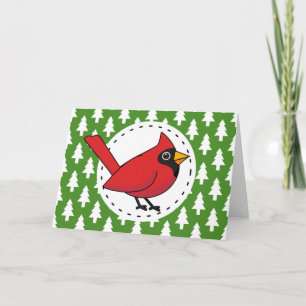 Cartoon Red Cardinal on Green White Pines Pattern Card