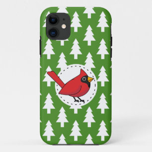 Cartoon Red Cardinal on Green White Pines Pattern iPhone 11 Case
