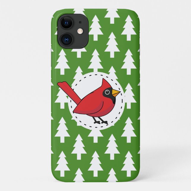 Cartoon Red Cardinal on Green White Pines Pattern Case-Mate iPhone Case (Back)