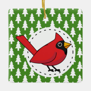 Cartoon Red Cardinal on Green White Pines Pattern Ceramic Ornament