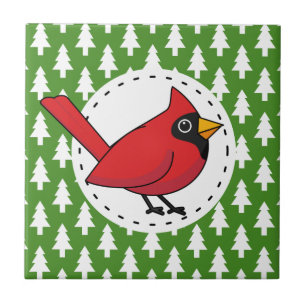 Cartoon Red Cardinal on Green White Pines Pattern Ceramic Tile
