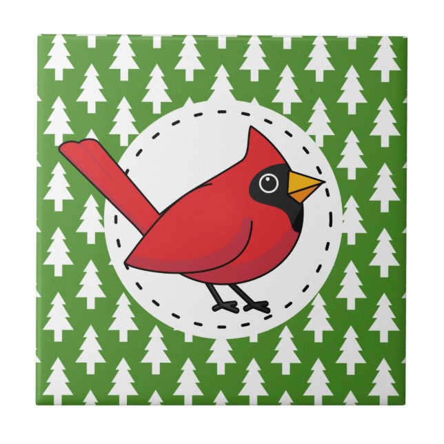 Cartoon Red Cardinal on Green White Pines Pattern Ceramic Tile (Front)