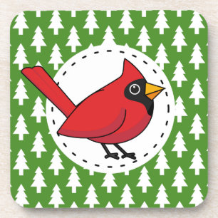 Cartoon Red Cardinal on Green White Pines Pattern Coaster
