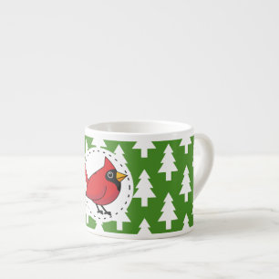 Cartoon Red Cardinal on Green White Pines Pattern Espresso Cup
