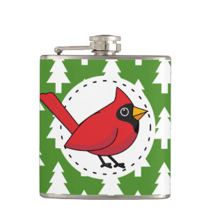 Cartoon Red Cardinal on Green White Pines Pattern Hip Flask