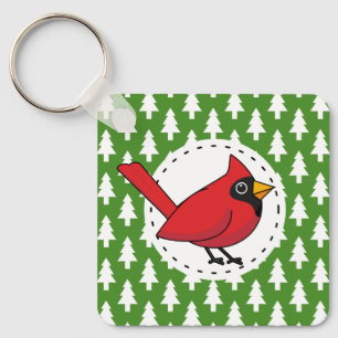 Cartoon Red Cardinal on Green White Pines Pattern Key Ring