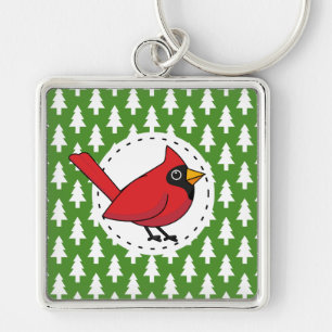 Cartoon Red Cardinal on Green White Pines Pattern Key Ring