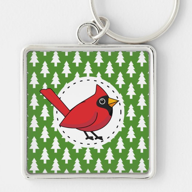 Cartoon Red Cardinal on Green White Pines Pattern Key Ring (Front)