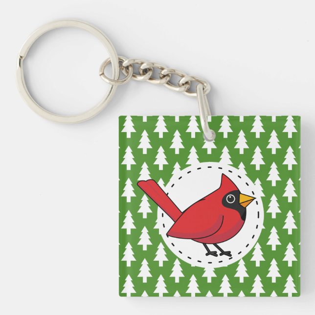 Cartoon Red Cardinal on Green White Pines Pattern Key Ring (Front)