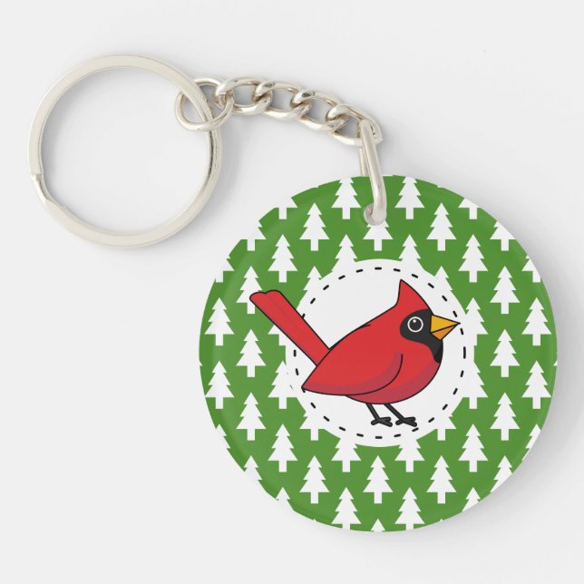 Cartoon Red Cardinal on Green White Pines Pattern Key Ring (Front)