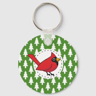 Cartoon Red Cardinal on Green White Pines Pattern Key Ring