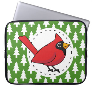 Cartoon Red Cardinal on Green White Pines Pattern Laptop Sleeve