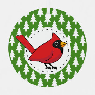 Cartoon Red Cardinal on Green White Pines Pattern Metal Tree Decoration