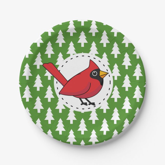 Cartoon Red Cardinal on Green White Pines Pattern Paper Plate (Front)