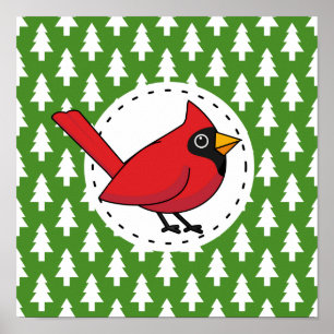 Cartoon Red Cardinal on Green White Pines Pattern Poster