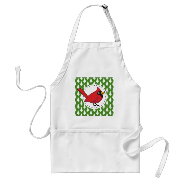 Cartoon Red Cardinal on Green White Pines Pattern Standard Apron (Front)