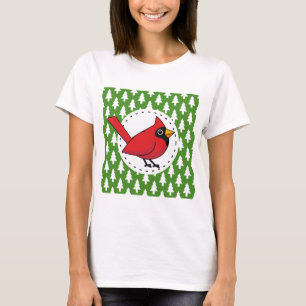 Cartoon Red Cardinal on Green White Pines Pattern T-Shirt