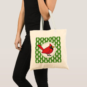 Cartoon Red Cardinal on Green White Pines Pattern Tote Bag