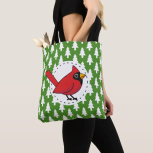 Cartoon Red Cardinal on Green White Pines Pattern Tote Bag