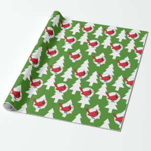 Cartoon Red Cardinal on Green White Pines Pattern Wrapping Paper