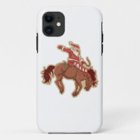 Cartoon red santa claus ryding on horse
