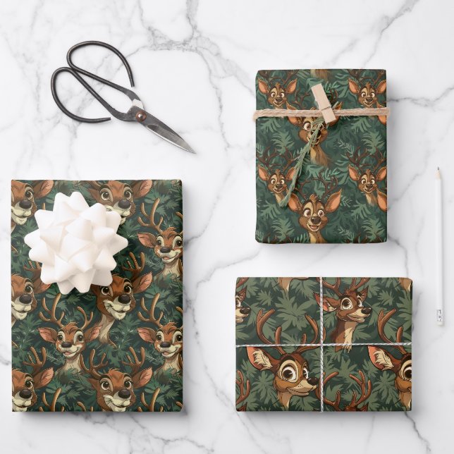 Cartoon Reindeer Christmas Seamless Pattern Dark Wrapping Paper Sheet (Front)