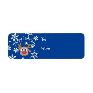 Cartoon Reindeer Snowflake Blue Christmas Gift Return Address Label