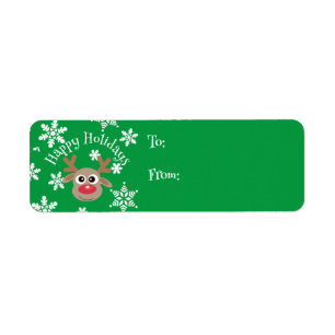 Cartoon Reindeer Snowflake Green Christmas Gift Return Address Label