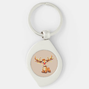 Cartoon reindeer with red nose and lights key ring