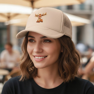 Cartoon reindeer with red nose and lights trucker hat