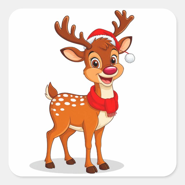 Cartoon Reindeer With Santa Hat and Scarf Square Sticker (Front)