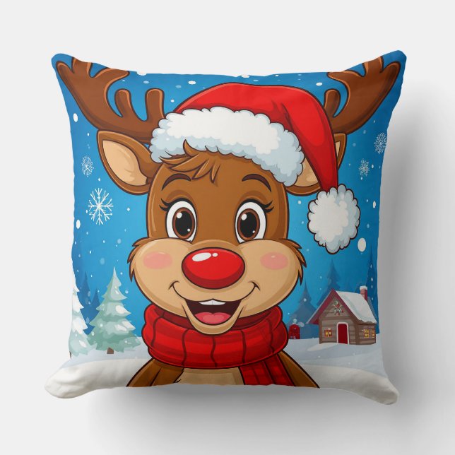 Cartoon Reindeer With Santa Hat Cushion (Front)