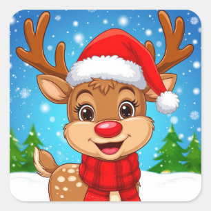 Cartoon Reindeer With Santa Hat Square Sticker